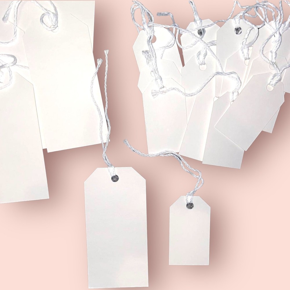 23 white string tie on rectangular card stock strung tags in 2 sizes 3” 5”