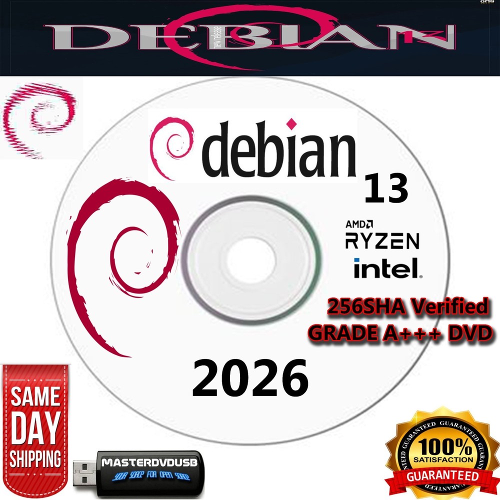 Debian 13 “Trixie” Bootable DVD 64‑Bit Linux OS • SHA256 Verified • SAME DAY
