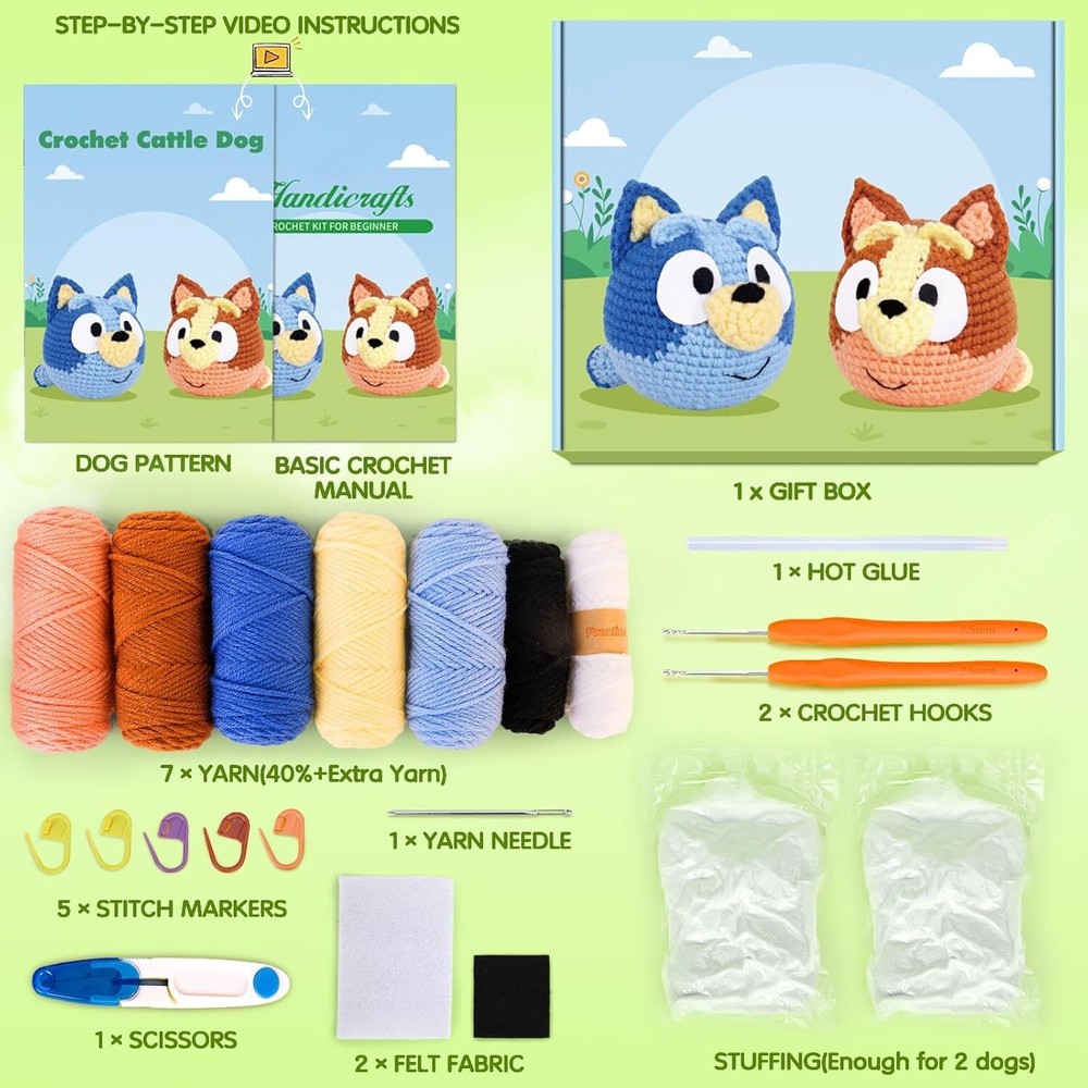 Bluey Crochet Kit for Beginners, with Step-by-Step Video Tutorials (2 Pack)