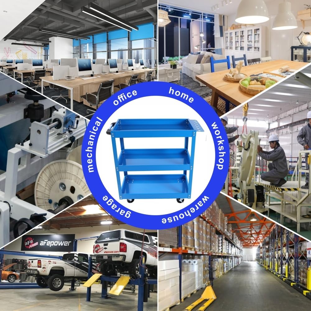 3 Tier Blue Rolling Mechanic Tool Cart on Wheels, 450 LBS Heavy Duty Steel