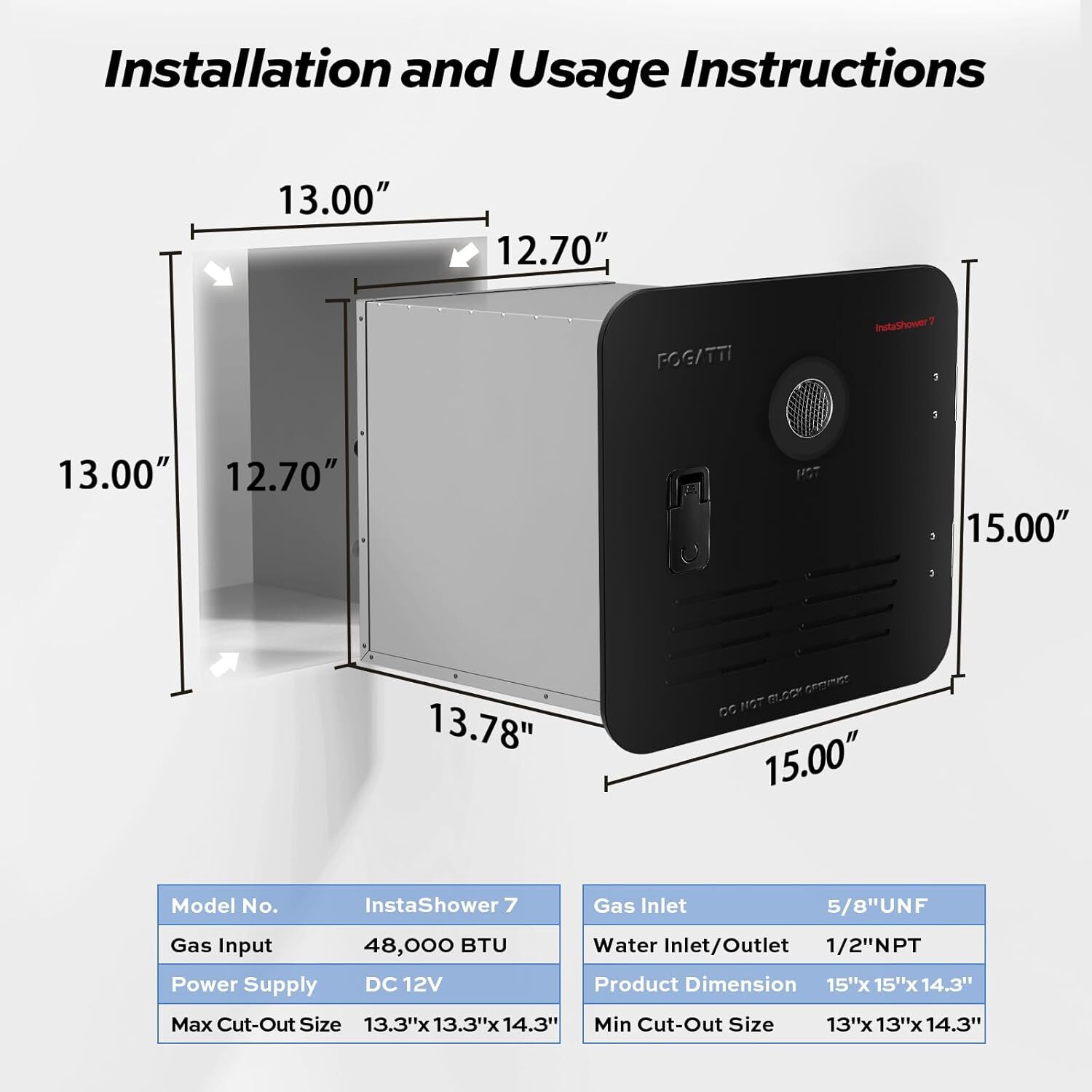 FOGATTI RV Tankless Water Heater InstaShower 7 with 15 x 15 in Black Door DC 12V