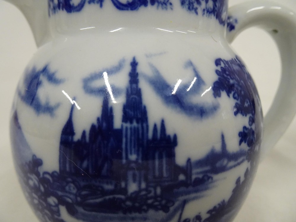 Pair Matching Ceramic Pitcher Creamers w Blue Castle Pattern