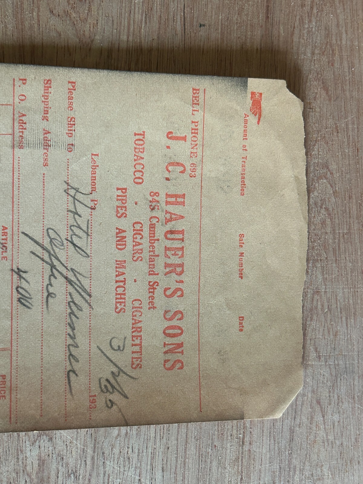 1935 Tobacco Cigar Invoice Billhead JC Hauer's Sons Hotel Weimer Vtg Rough Poor