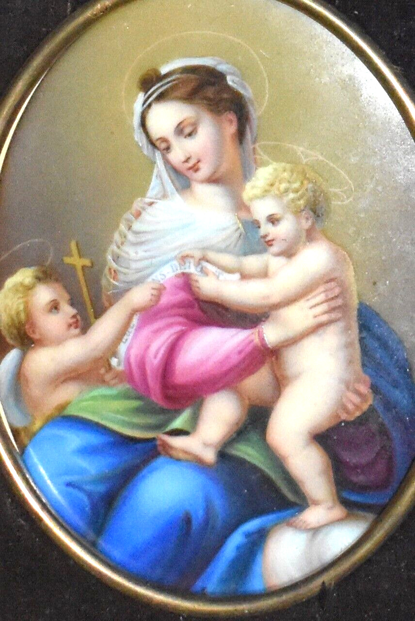 Antique KPM Style Germany Porcelain Plaque Madonna Child & Cherub Framed