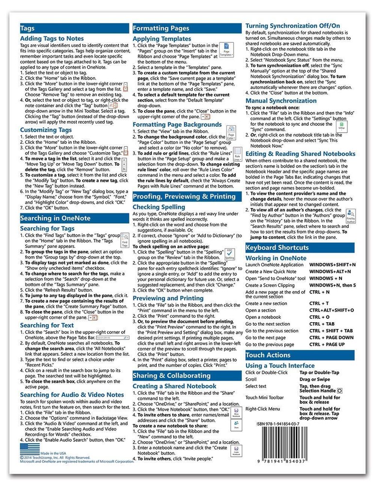 OneNote 2013 Training Guide Quick Reference Card 4 Page Cheat Sheet Instruction