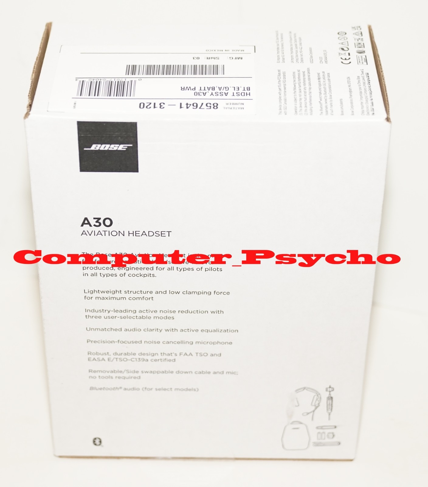 BOSE A30 857641-3120 AVIATION HEADSET BLUETOOTH BATTERY DUAL PLUG STRAIGHT CABLE