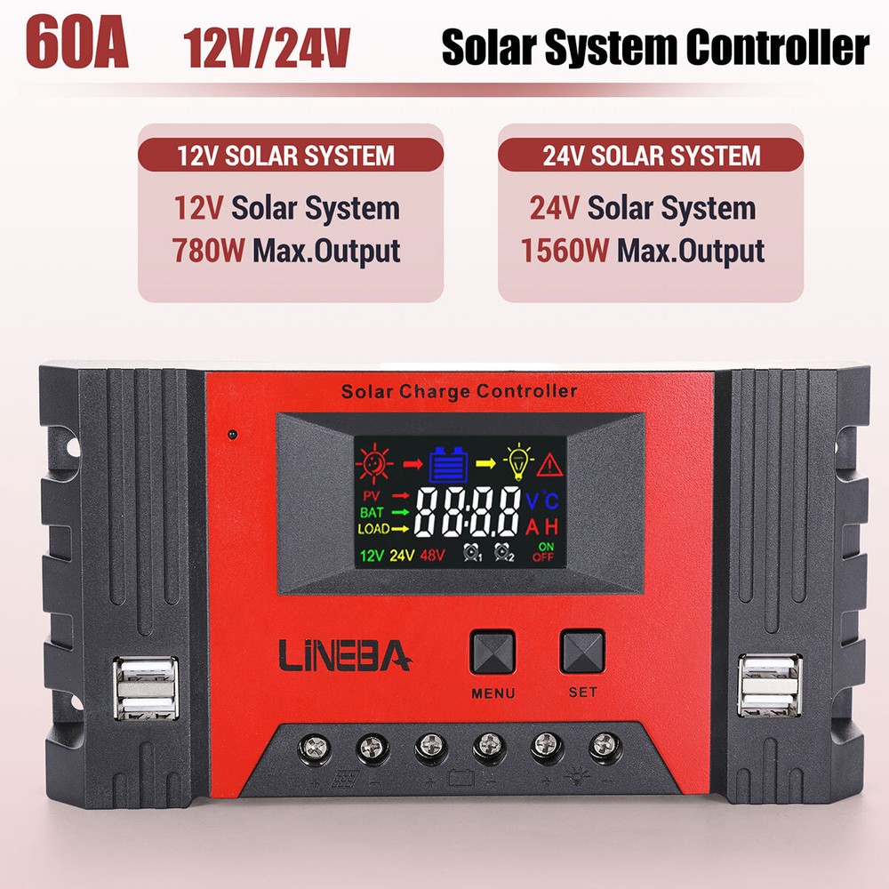 100A PWM Solar Panel Charge Controller 12/24/48V Auto LCD Display 4USB Timer Set