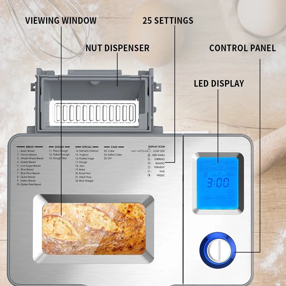 25 in 1 Bread Maker Machine, 2LB Bread Maker with Auto Fruit and Nut Dispenser