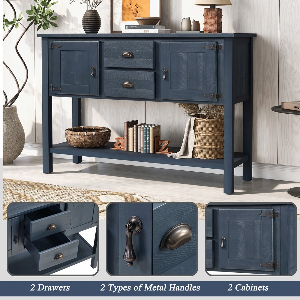 Solid Wood Sideboard Console Table w/ 2 Drawers, Cabinet, Navy Blue