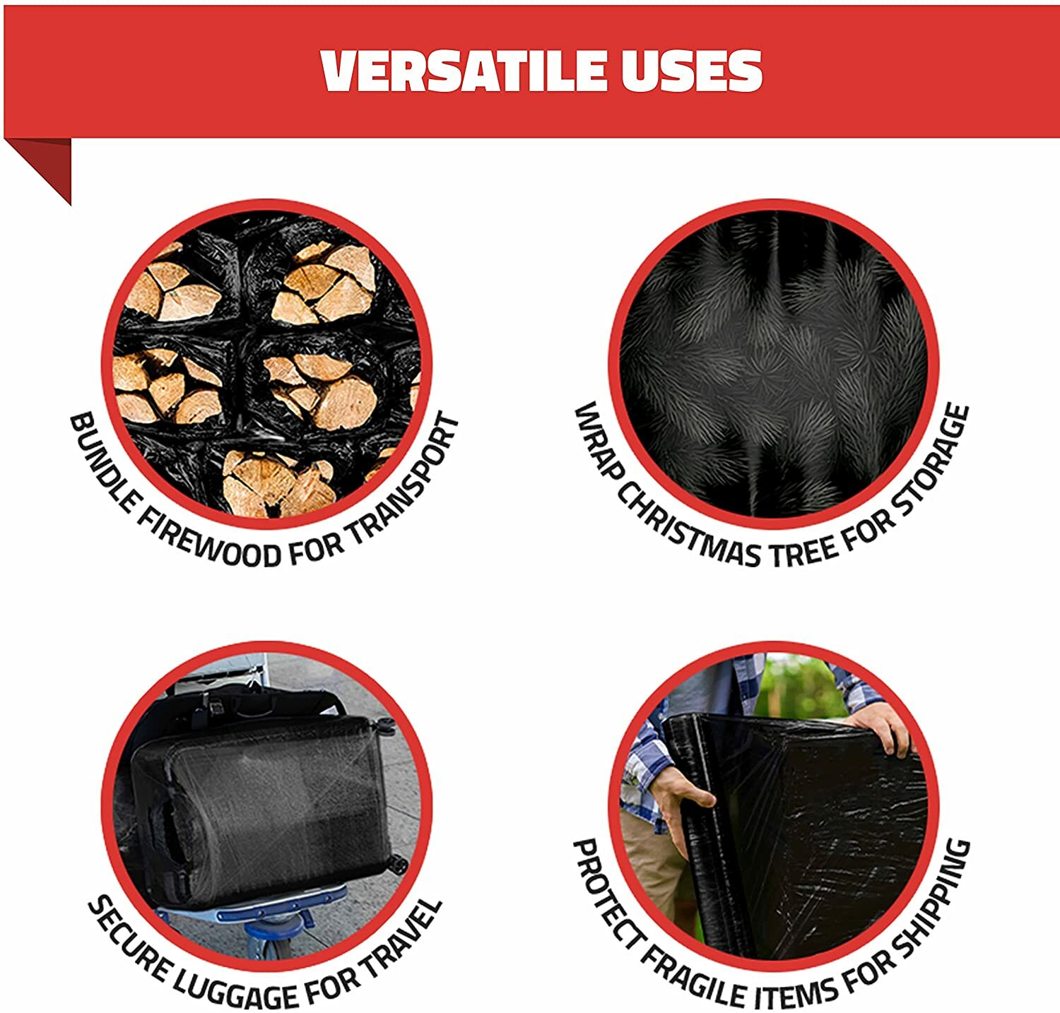 80 GAUGE - 4 Rolls Black Shrink Wrap Stretch Film 18" X 1000' Total 4000 FT