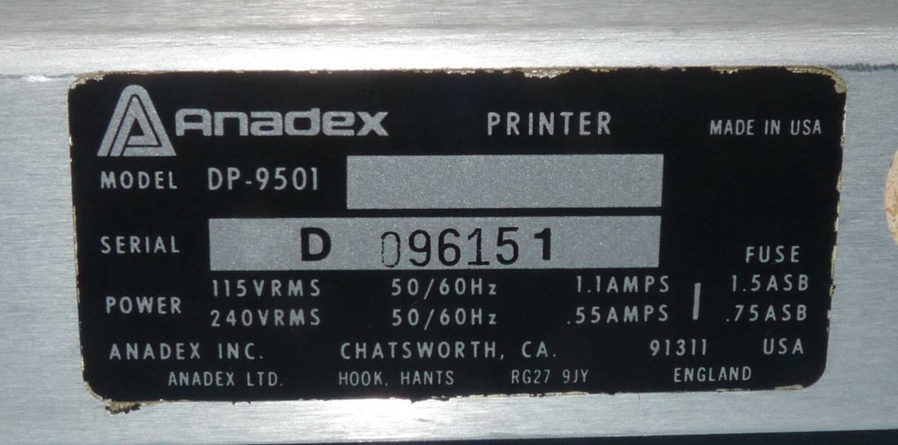 ANADEX Model DP-9501 Alphanumeric/Graphics Printer c 1981 ASCII Parallel Serial