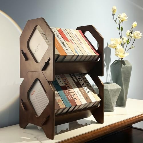 2 Pack Desktop Bookshelf, Stackable Book Organizer 2 Pack Brown Medium Size