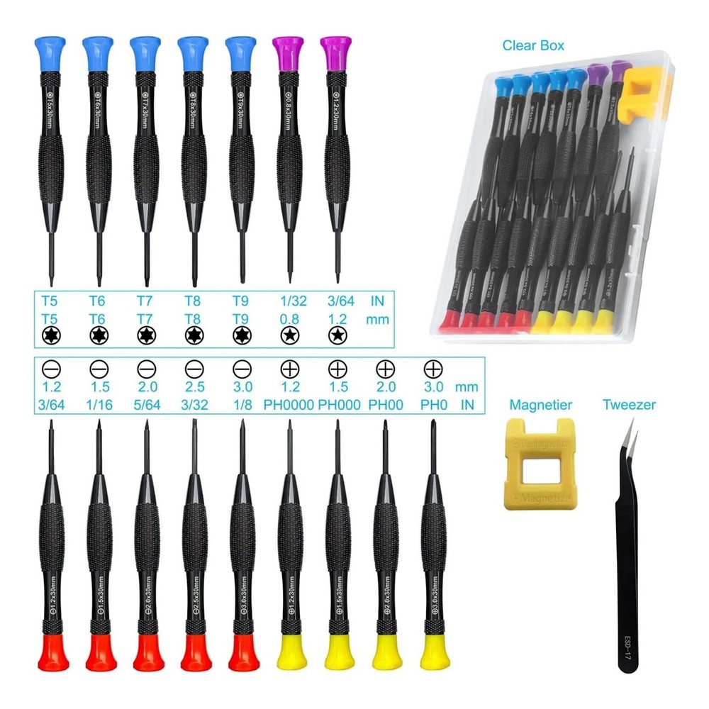 Precision Screwdriver Set 18PCS Colored Coded Red Flat Yellow Phillips Blue Torx