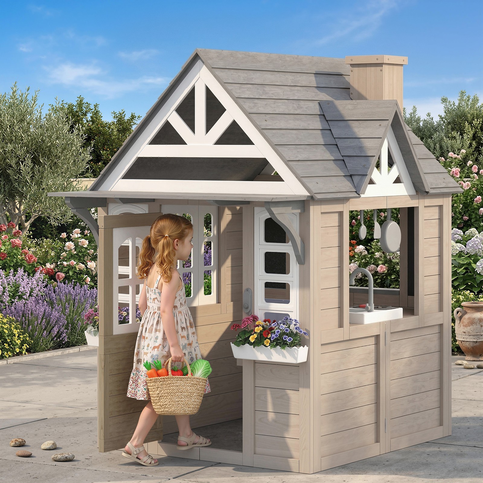 Qaba Outdoor Playhouse, Wooden Kids Playhouse with Dog Door, Cookware, Bell