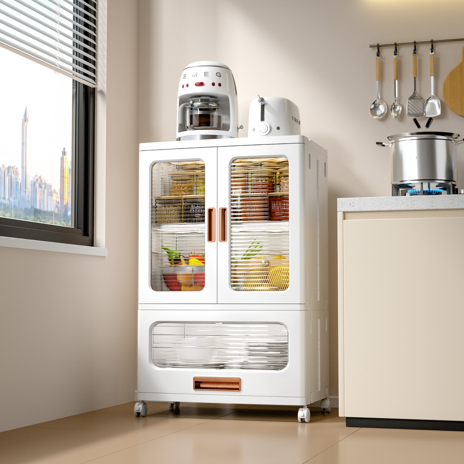 Rolling Plastic Storage Cabinet with Doors Drawer and Adjustable Shelves Bedroom