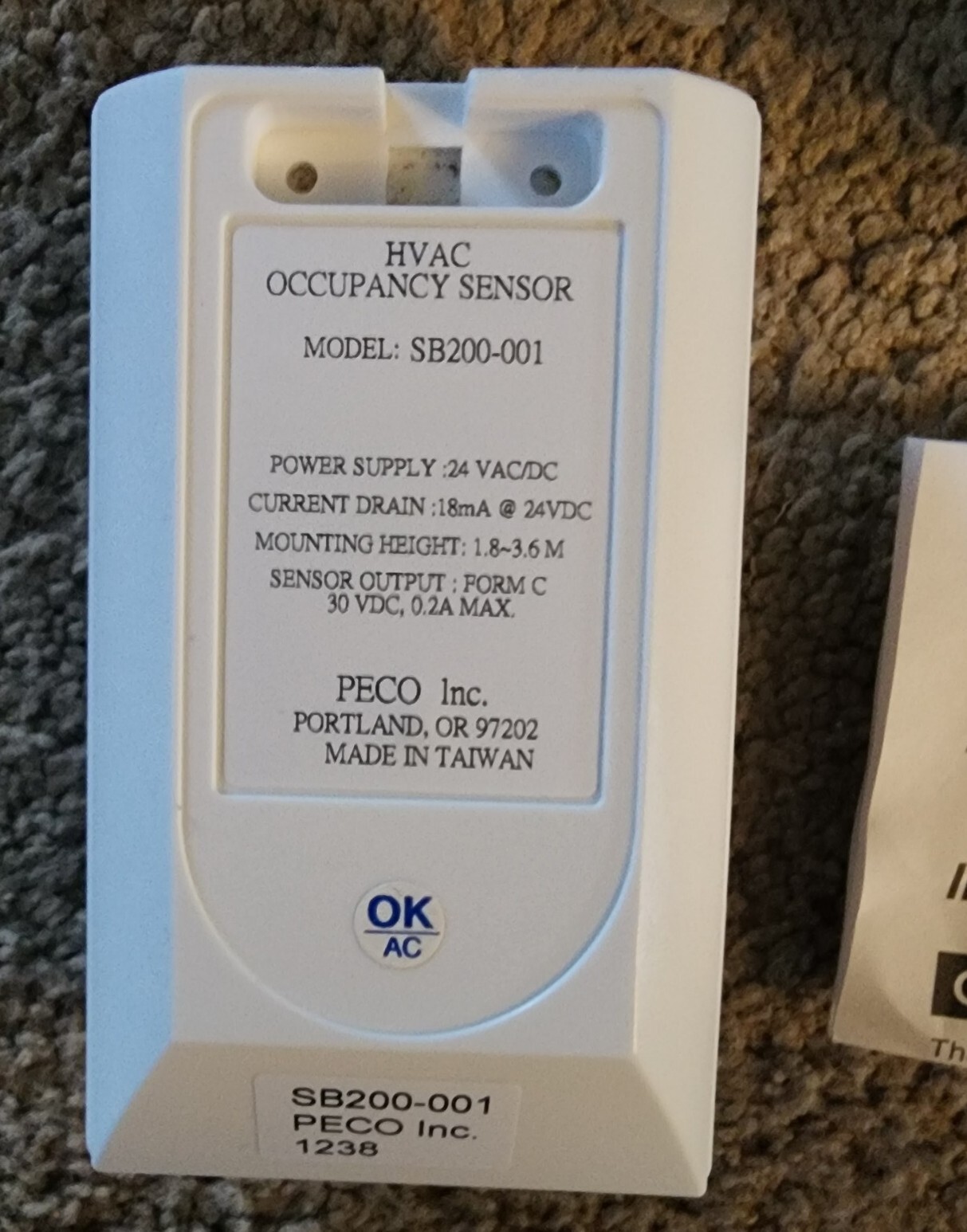 NEW HVAC Occupancy Sensor PECO SB200-001 White 24VDC