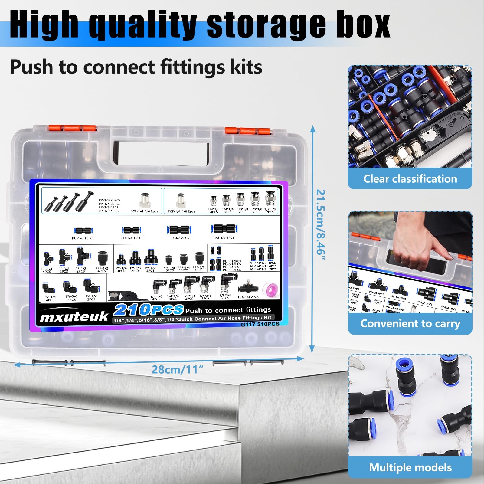 mxuteuk 210PCS Air Line Push-to-Connect Fittings Kit 1/8"-1/2" 4-10mm Blue