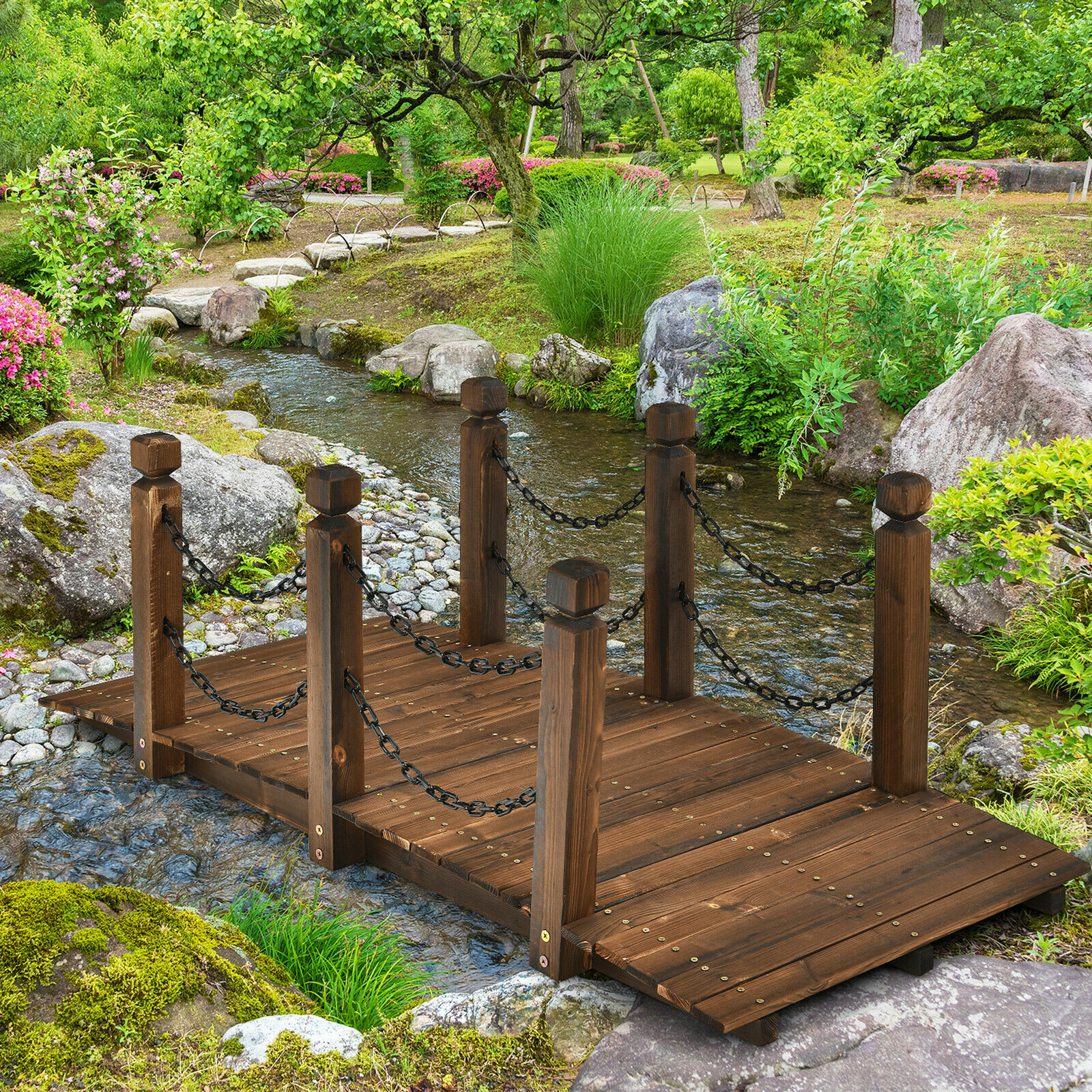 5 ft Wooden Garden Bridge Arc Footbridge Stained Finish Walkway w/Rails