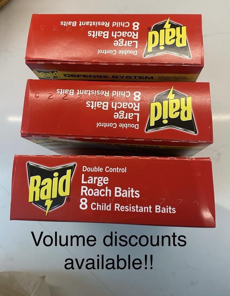 3 BOXES Raid 12 Dbl Control Small Roach Baits + 3 Egg Stoppers 3 Mo Protection