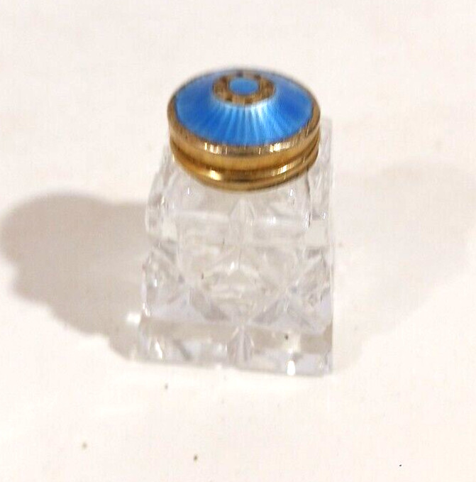 Norway Sterling Silver Blue Guilloche Enamel Cut Crystal Salt Shaker Single mini