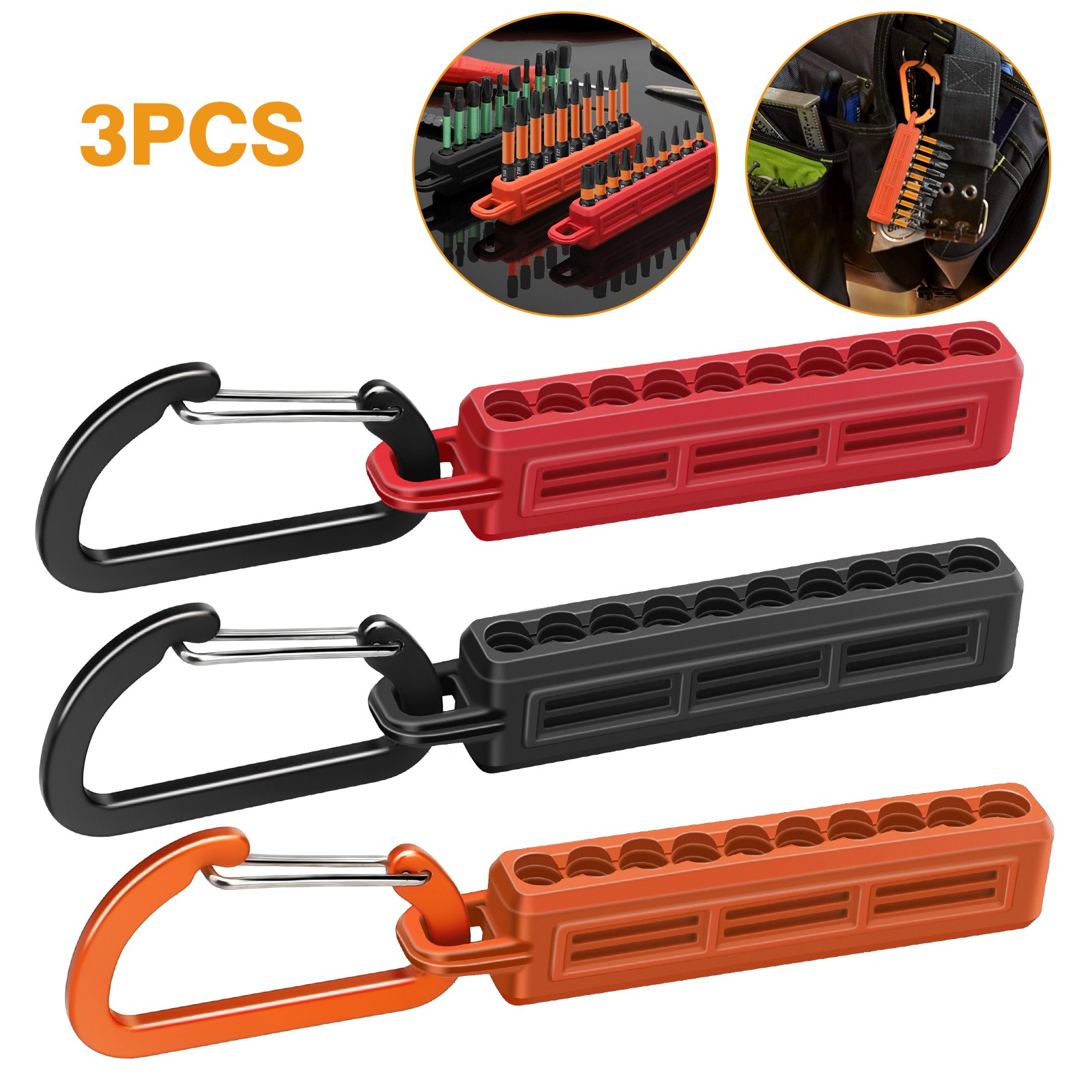 3pcs 1/4" Hex Screwdriver Bit Organizer Holder with Carabiner 10-Hole Bit Holder