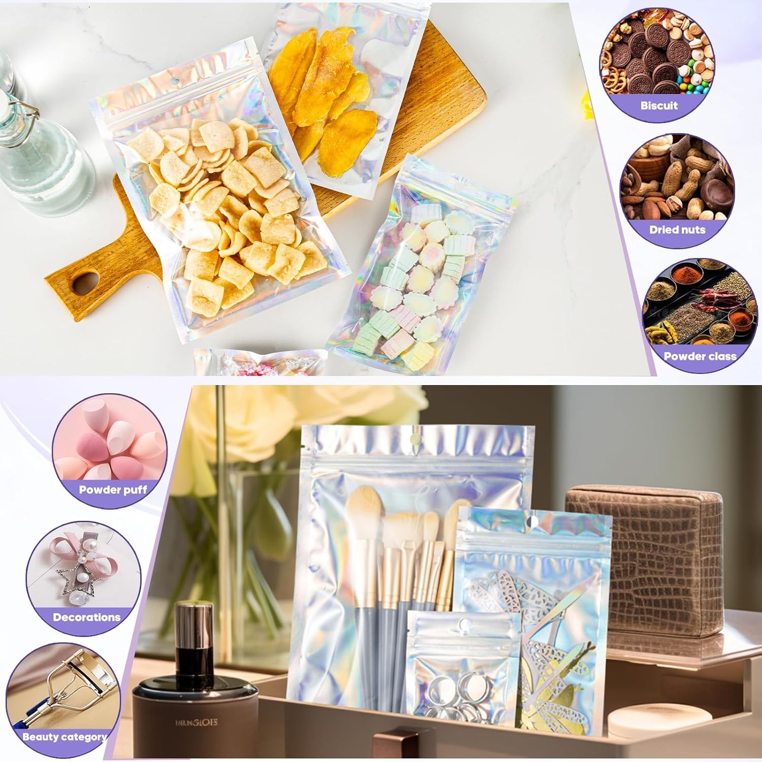 100Pcs Holographic Resealable Bags, 4x6 inch Packaging Foil Pouch ，Motomy Myla