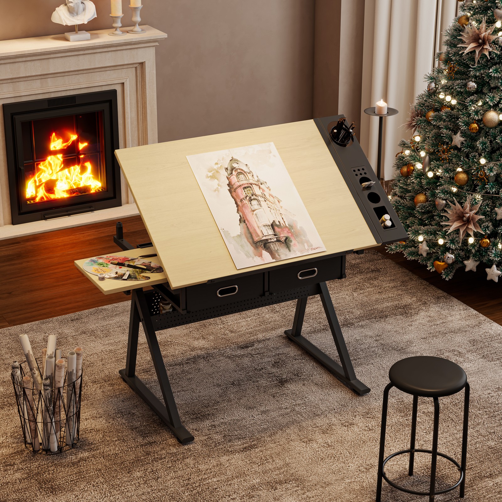 Adjustable Drafting Table w/ 2 Drawers & Stool Home Office Art Desk