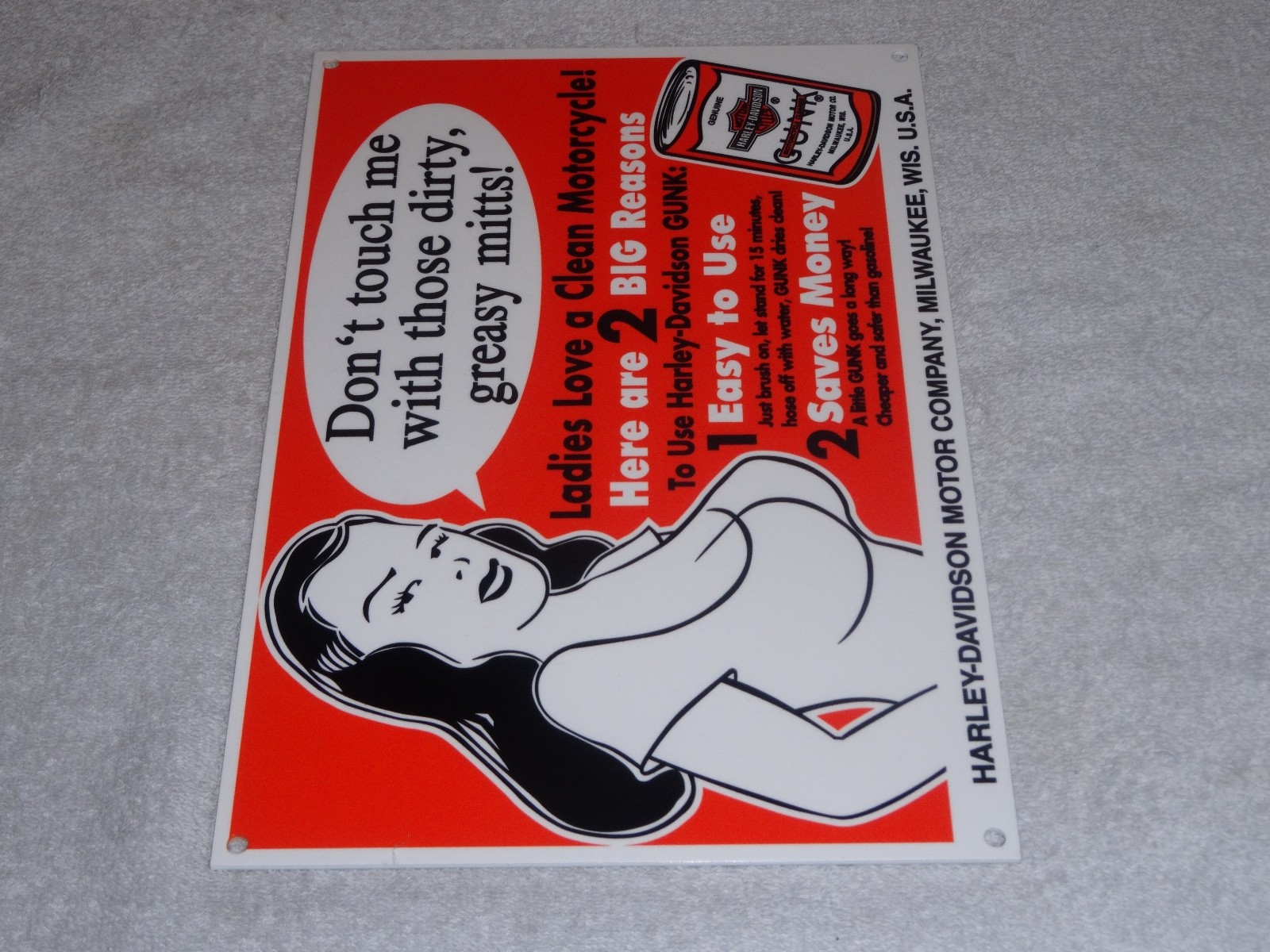 VINTAGE HARLEY DAVIDSON MOTORCYCLE GUNK WOMAN 12" MOTOR CYCLE GASOLINE OIL SIGN!