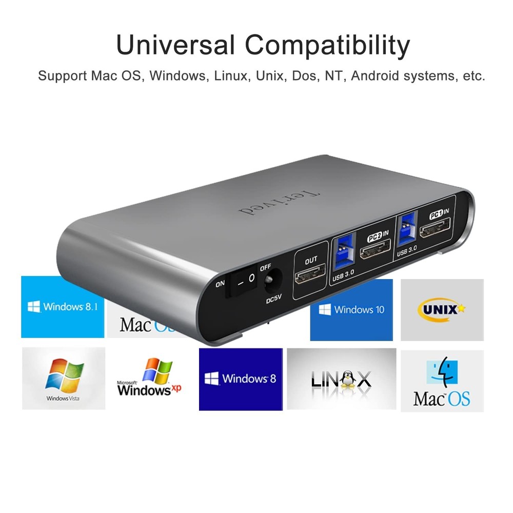 Terived 2 Port DP USB 3.0 Automatic KVM Switch Two Computers 1 DisplayPort Mo...