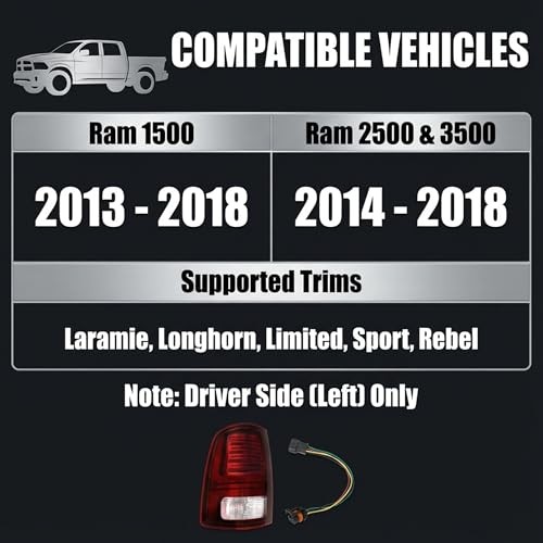 LED Tail Light Assembly Driver Side Compatible with Ram 1500 Left Driver Side