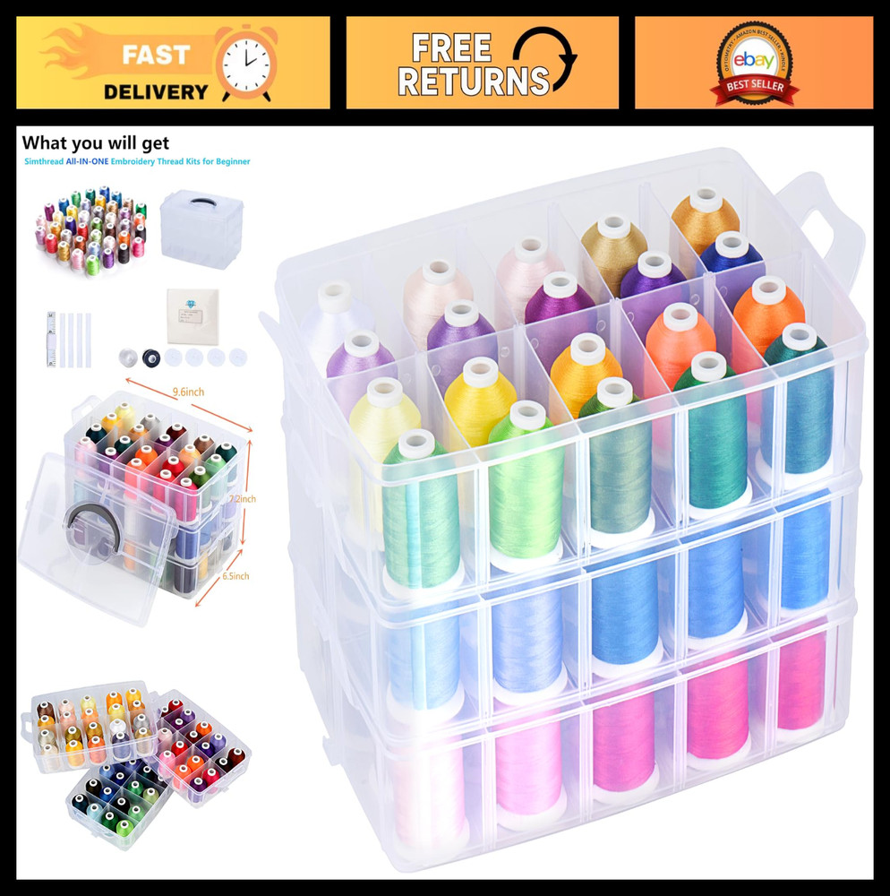 63-Color Embroidery Thread Kit - 550 Yards Each, 40WT Polyester, Stackable Box &