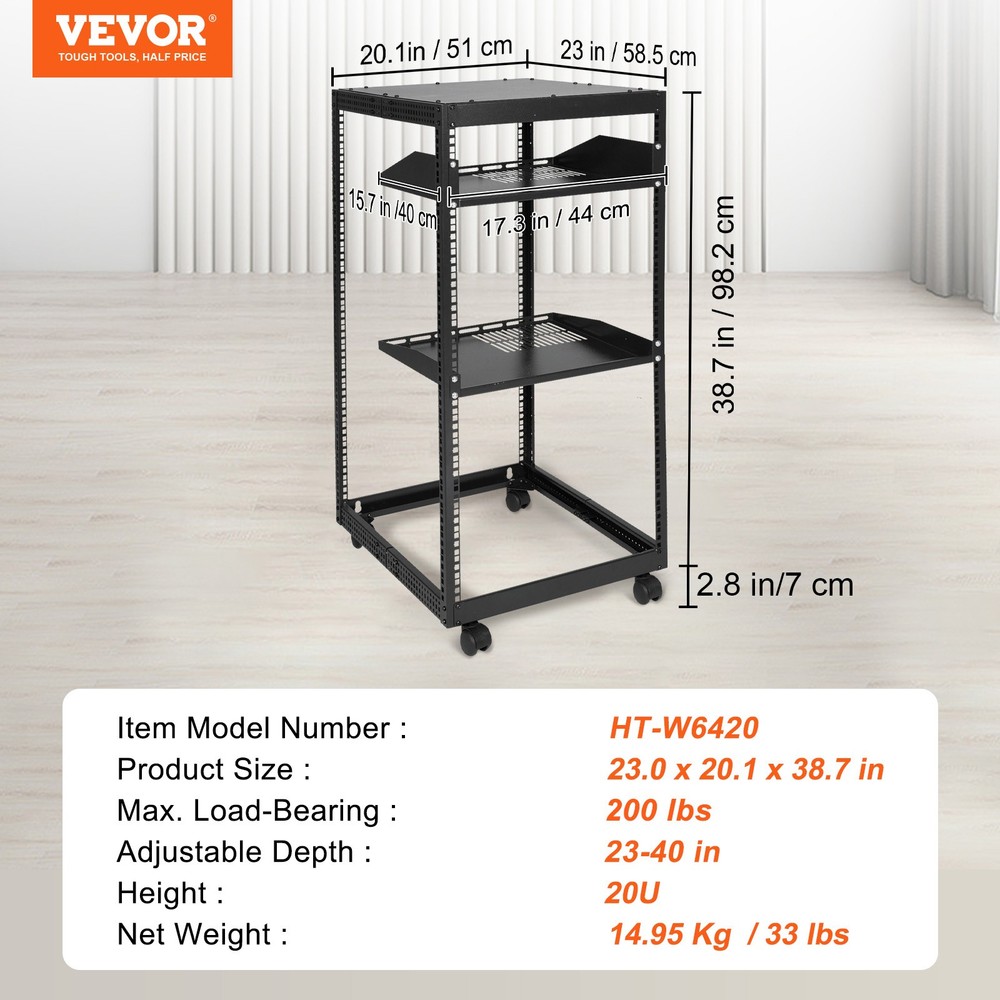 VEVOR 20U 4 Post Open Frame Server Rack Network Enclosure 23''-40'' Adjustable