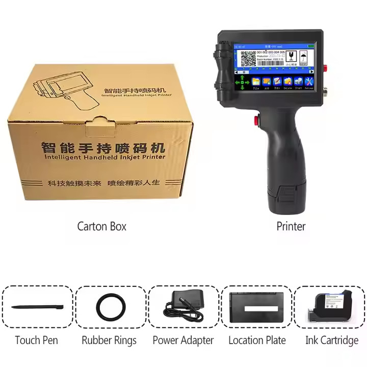 Handheld inkjet printer prints production date, logo text, barcode, QR code