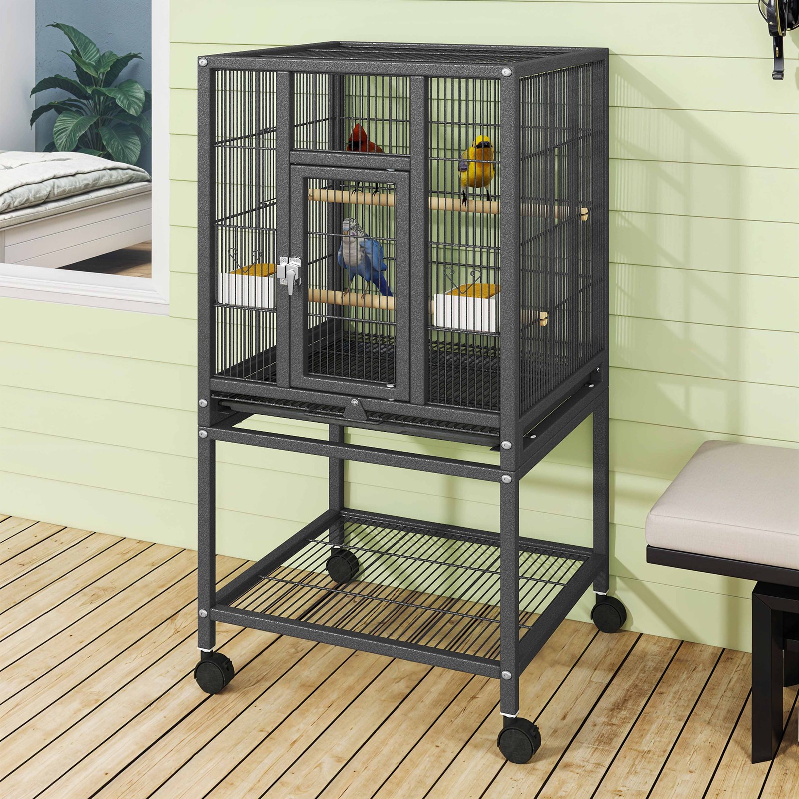 41in Large Parrot Cages w/Tray Food Boxes and Wooden Perches with Rolling Stand