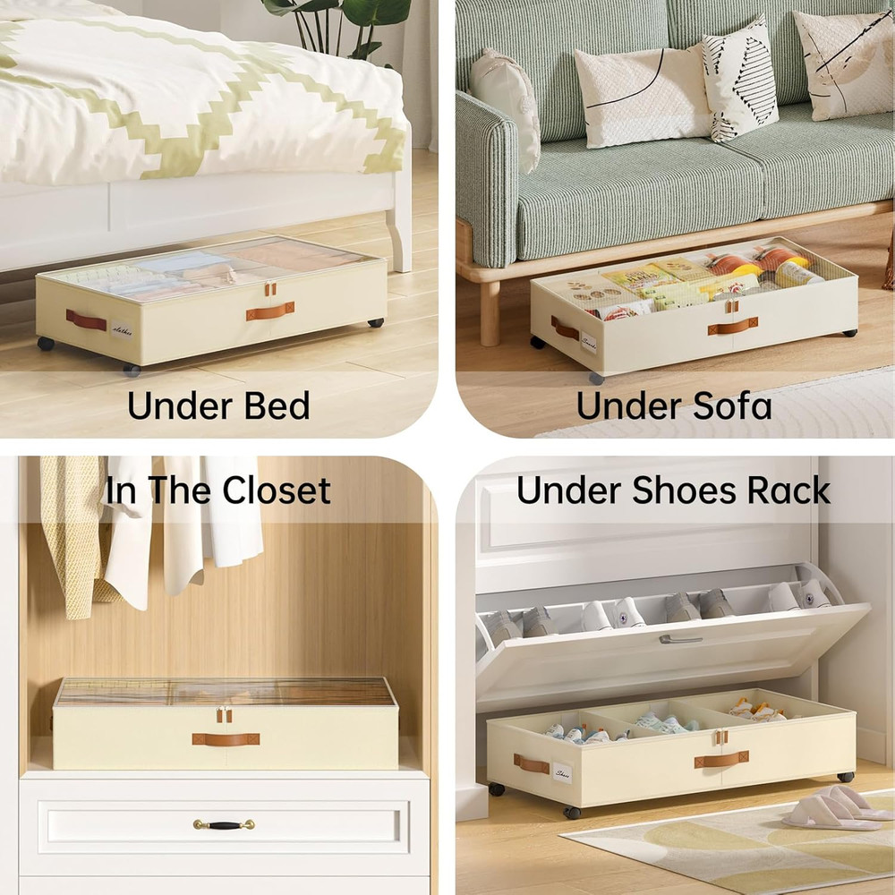 Rolling Under Bed Storage Bins with Wheels, 4 Pack, Adjustable Dividers, Beige