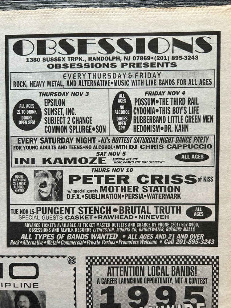 KISS Concert Ad Advert PETER CRISS Nov 10 1994 Obsessions NJ Vintage Kiss B