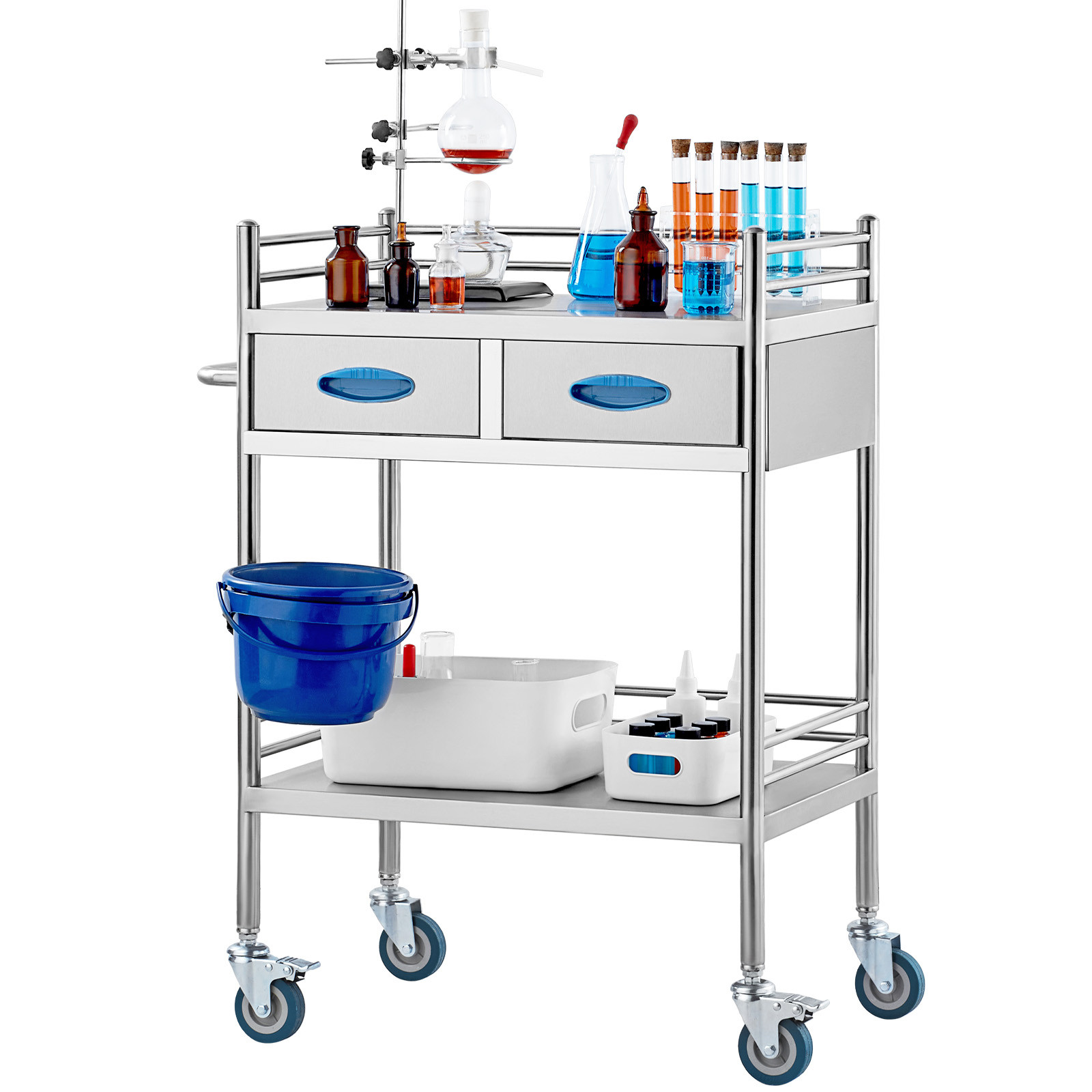 Uimoso Medical Dental Lab Serving Cart Trolley 2-Drawer Portable Stainless Steel