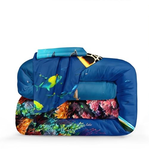 Ocean Turtle Comforter Set 4 Pcs Mediterranean Style Themed King Blue-06
