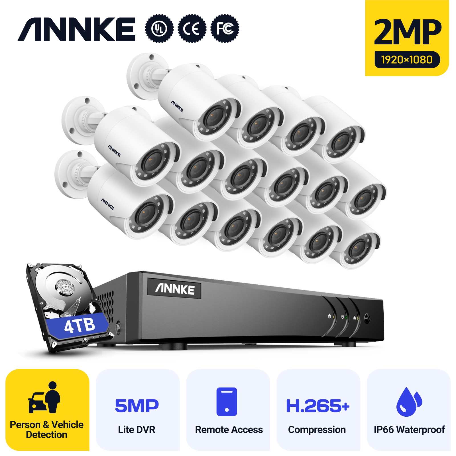 ANNKE 16CH 5MP Lite DVR 1080P Outdoor Security Camera System AI Human Detection