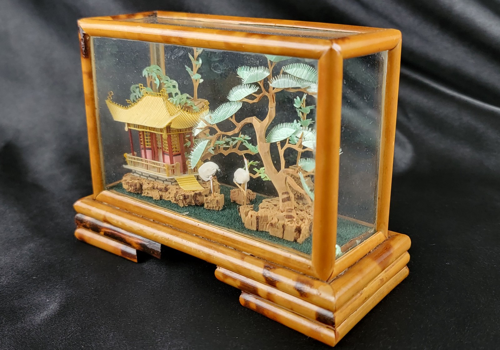 3D Carved Sculpture China Japan Pagoda Bonsai Tree Storks Cranes Vintage