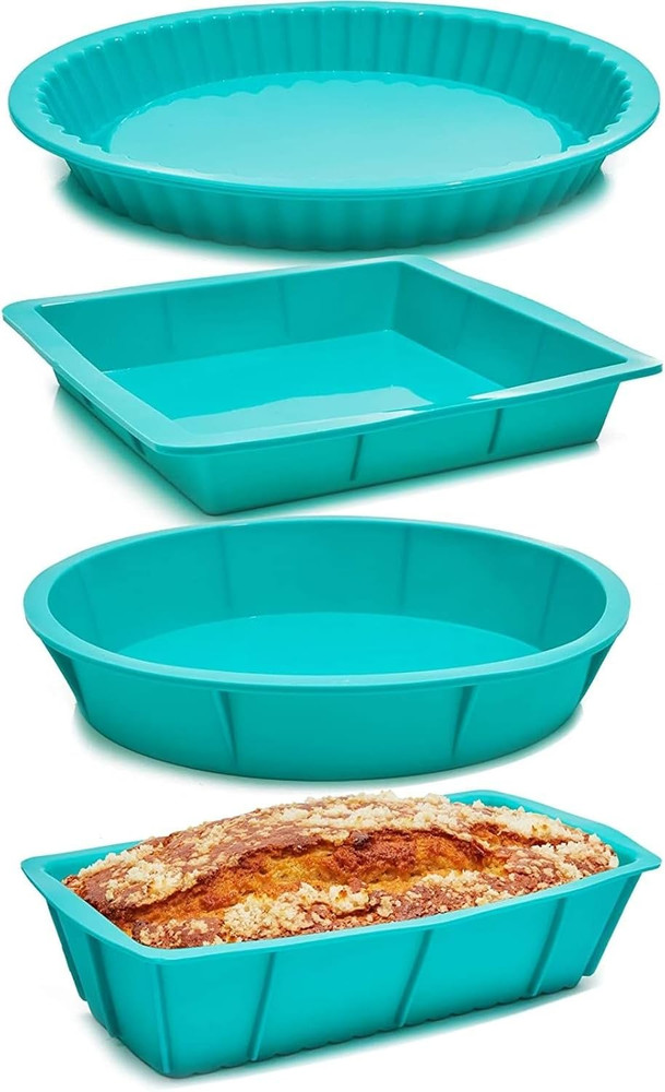 Silicone Baking Pans Set - 4-Piece Teal Set: Square, Rectangular, round Cake & P