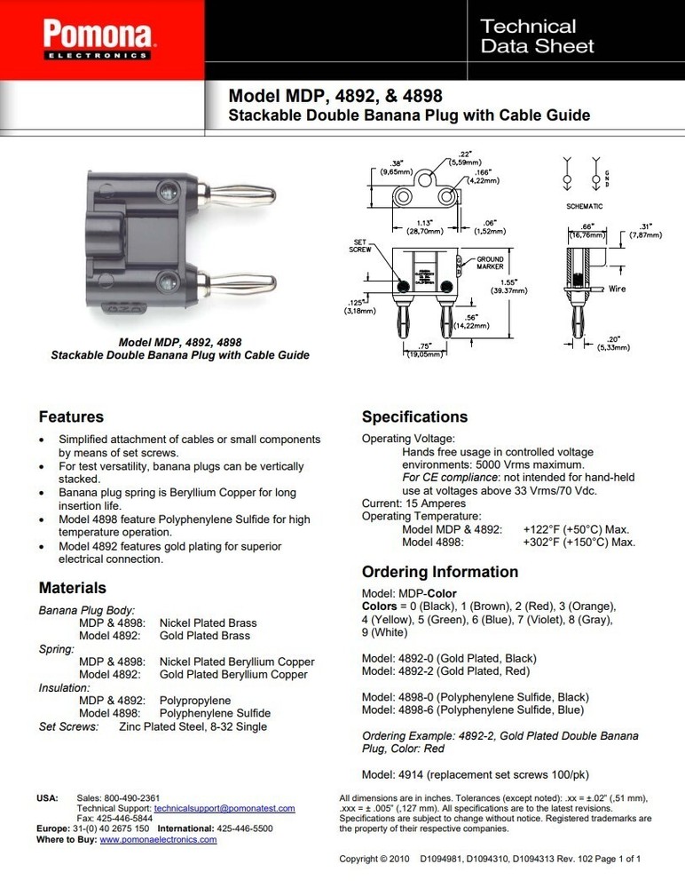Four Pomona MDP Stackable Double Banana Plug with Cable Guide 4 Pack Green
