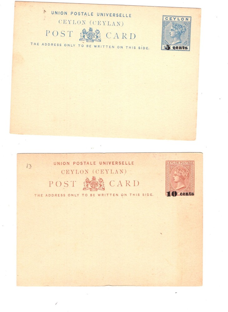 Ceylon   2   revalued   postal  cards   unused