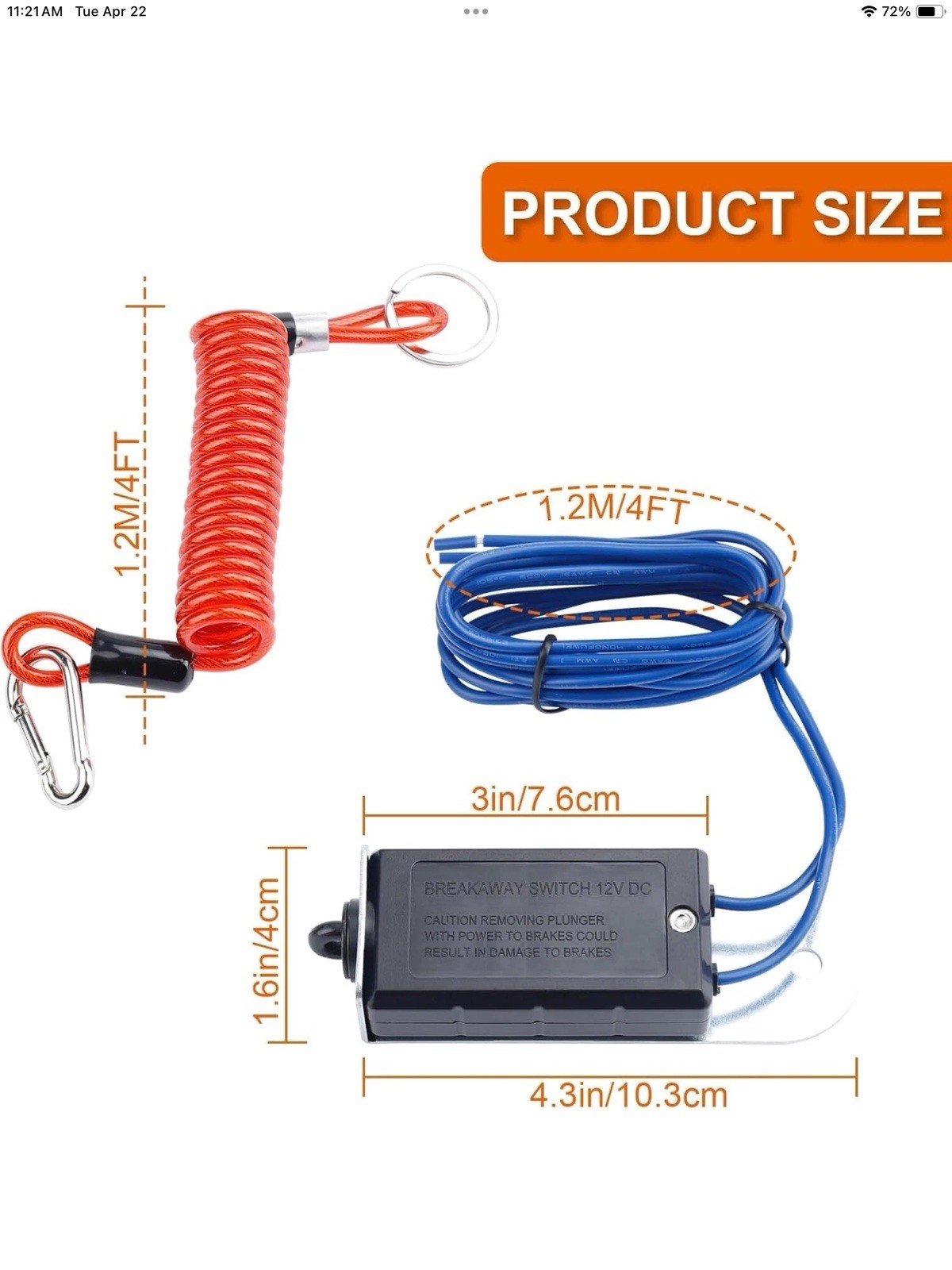 Trailer Breakaway Switch, 4FT Coiled Steel Cable For Electric Trail Brakes, New