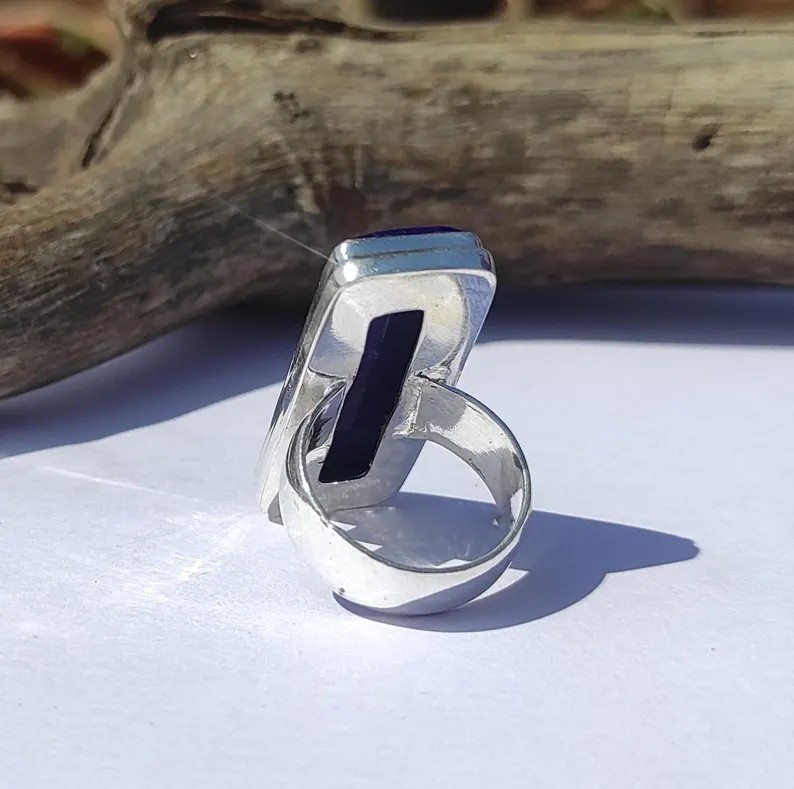 Solid 925 Sterling Silver Natural Lapis Lazuli Rectangle Blue Gemstone Band Ring
