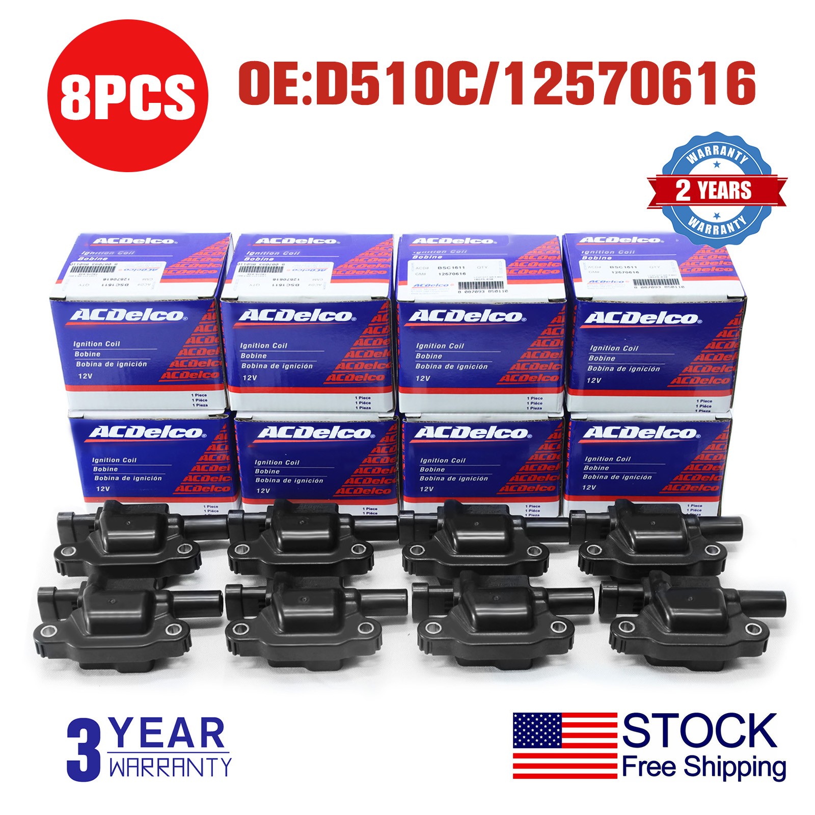 8x Genuine Ignition Coil D510C For Chevrolet UF413 12570616 BSC1511 12611424.