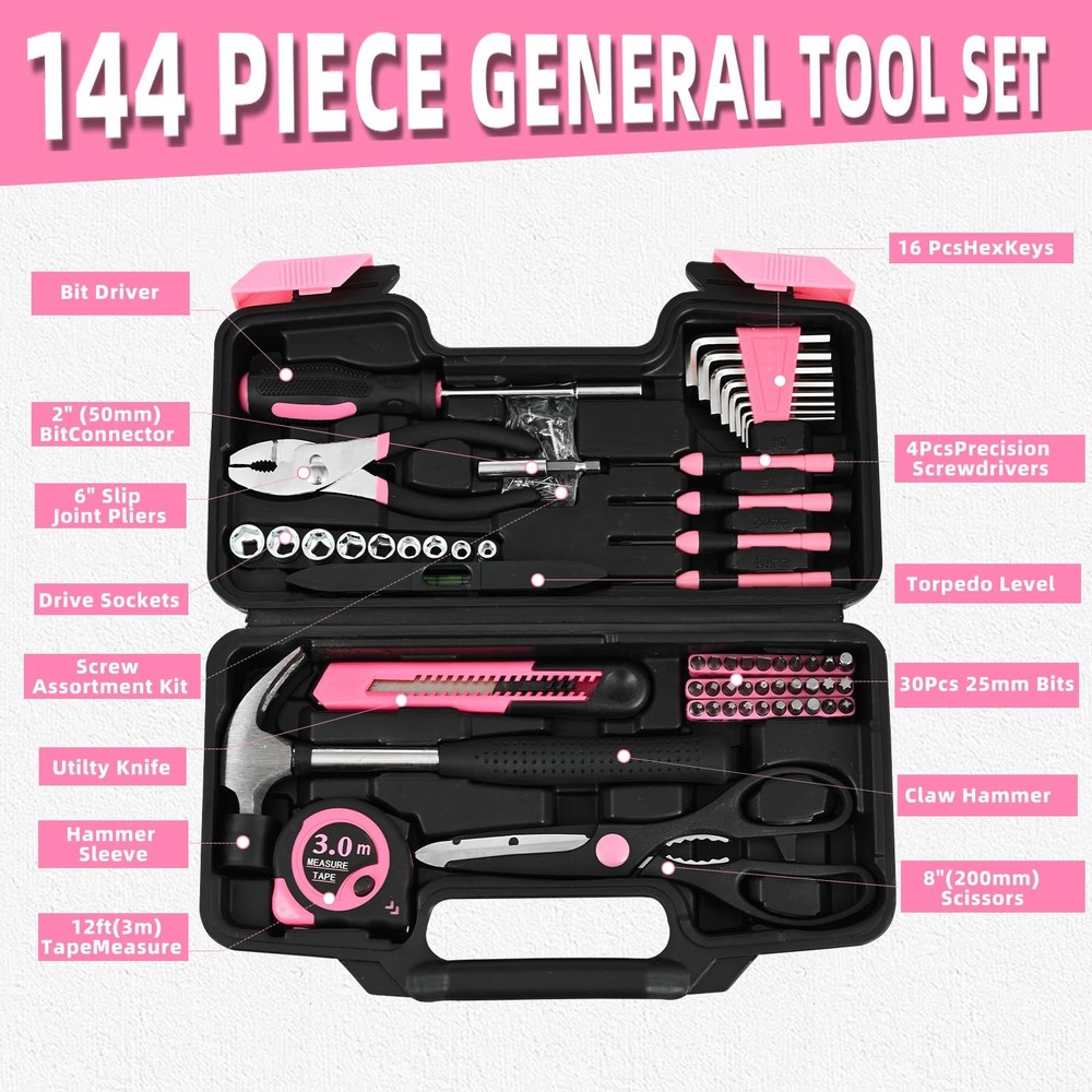 144-Piece Pink Tool Kit Basic Home Repair Set General 144-Piece,