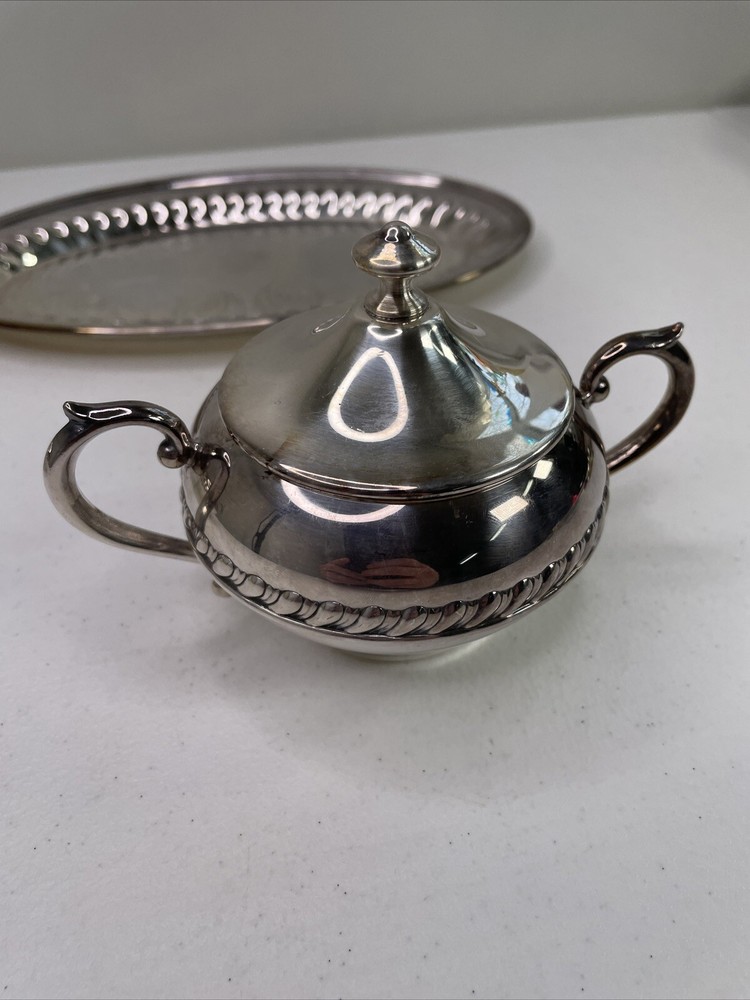 Creamer & Sugar Bowl w/ Tray Silver on Copper Silverplate Braid Rope Set 3 VTG