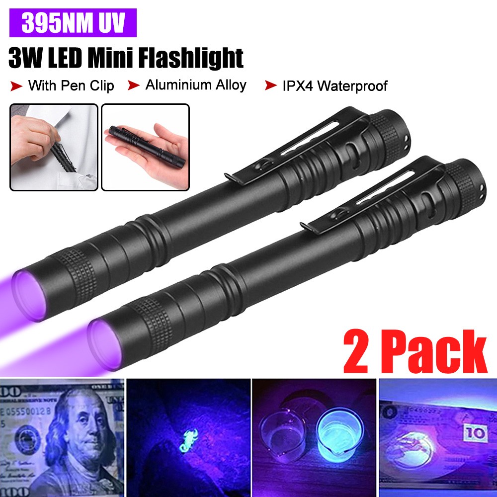 2x Handheld UV Pen Light Ultra Violet LED Flashlight Torch 395nm Blacklight Lamp