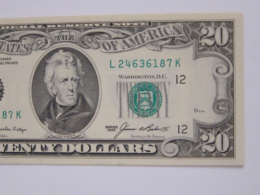 1985 $20 Printing Error on Back #L24636187K